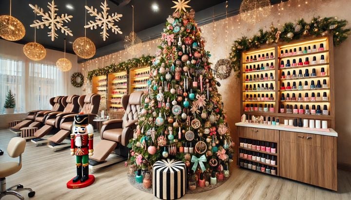 A Christmas tree in a nail salon.