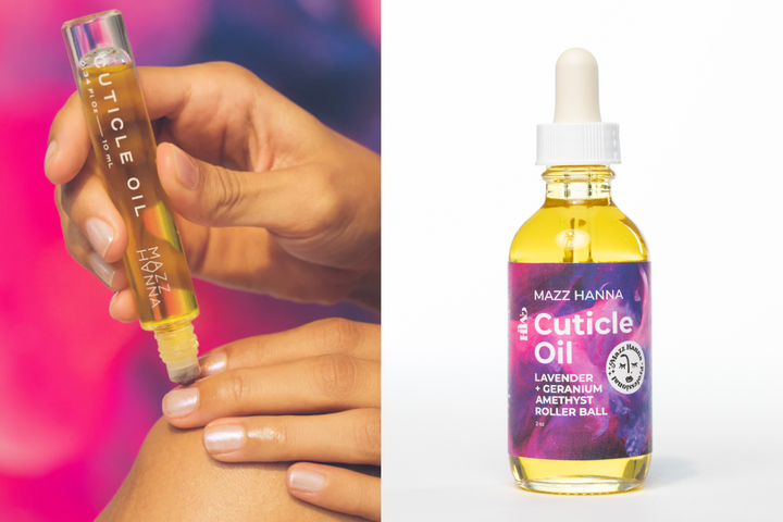 Mazz Hanna Cuticle Oil in retail size (left) and backbar size (right)