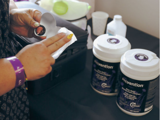Prevention Wipes and Ready-To-Use Spray were close at hand at workstations and backstage.